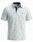 Soft blue rose pattern golf shirt on crisp white fabric Premium poly spandex performance blend Moisture-wicking, breathable, and stretch-ready fit.