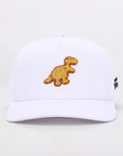White cap with a dinosaur emblem on a white background