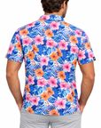 Back of the Birdies in Bloom tropical floral golf polo on a model