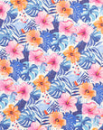 Pattern swatch of the Birdies in Bloom tropical hibiscus print