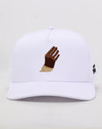 White cap with embroidered brown hand