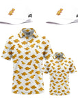 Dino Nugget dad and kid matching golf polos with two Dino Nugget hats