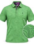 Green Topo Map golf polo with purple floral under-collar, with a close-up of the topographic print and fabric texture