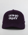 Purple cap with 'LET'S GO CRAZY' text on a light gray background