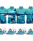 Shark Foursome matching golf polos with four matching Shark Wave hats
