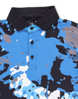 Close-up of the collar and buttons on the Spilled Ink golf polo