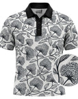 The Classic golf polo with black and white botanical floral print and black collar, with a close-up of the fabric texture