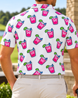 Back of the Transfusion cocktail print golf polo on a model on the course