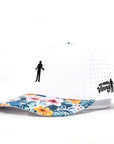 white cap with floral brim