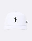 White cap with black embroidered design on a white background