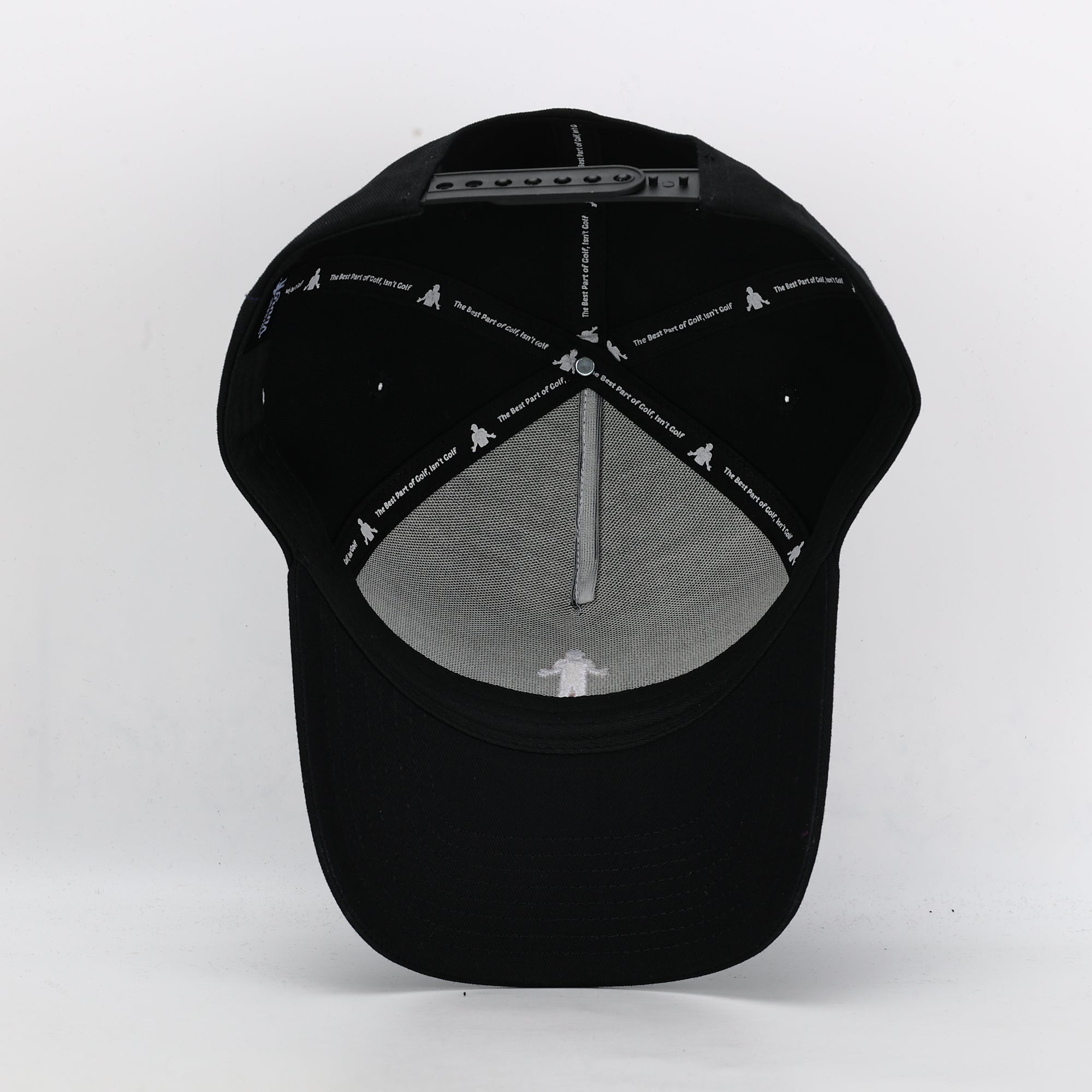 black cotton golf cap underneath 