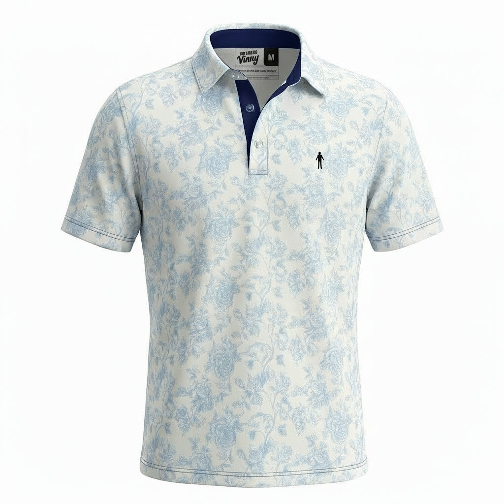 Soft blue rose pattern golf shirt on crisp white fabric Premium poly spandex performance blend Moisture-wicking, breathable, and stretch-ready fit.