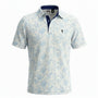 Soft blue rose pattern golf shirt on crisp white fabric Premium poly spandex performance blend Moisture-wicking, breathable, and stretch-ready fit.