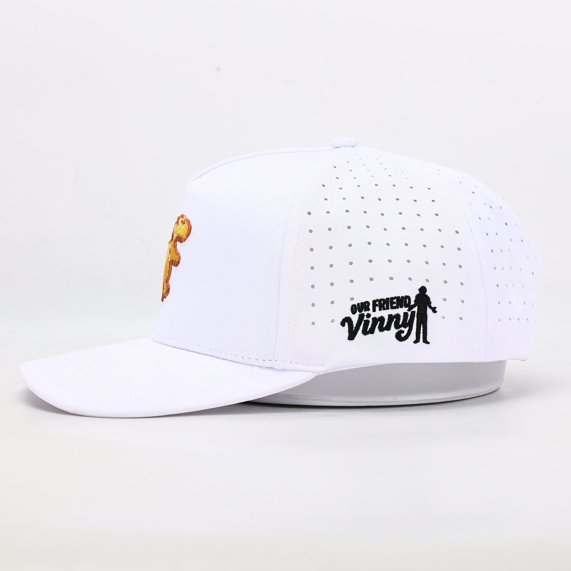 White cap with 'Our Friend Vinny' logo on a white background