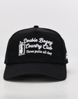 Black cap with white text and graphics on a light gray background