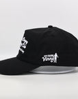 Black cap with white text and logo on a white background