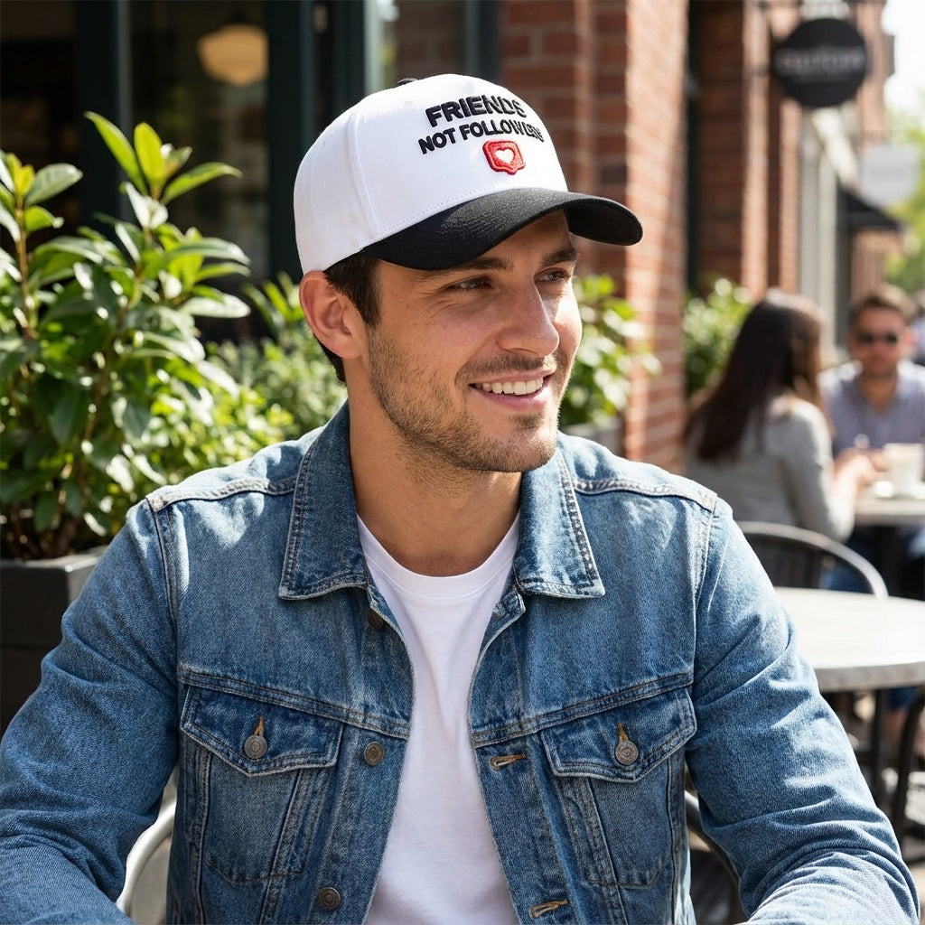 White cap with black brim 