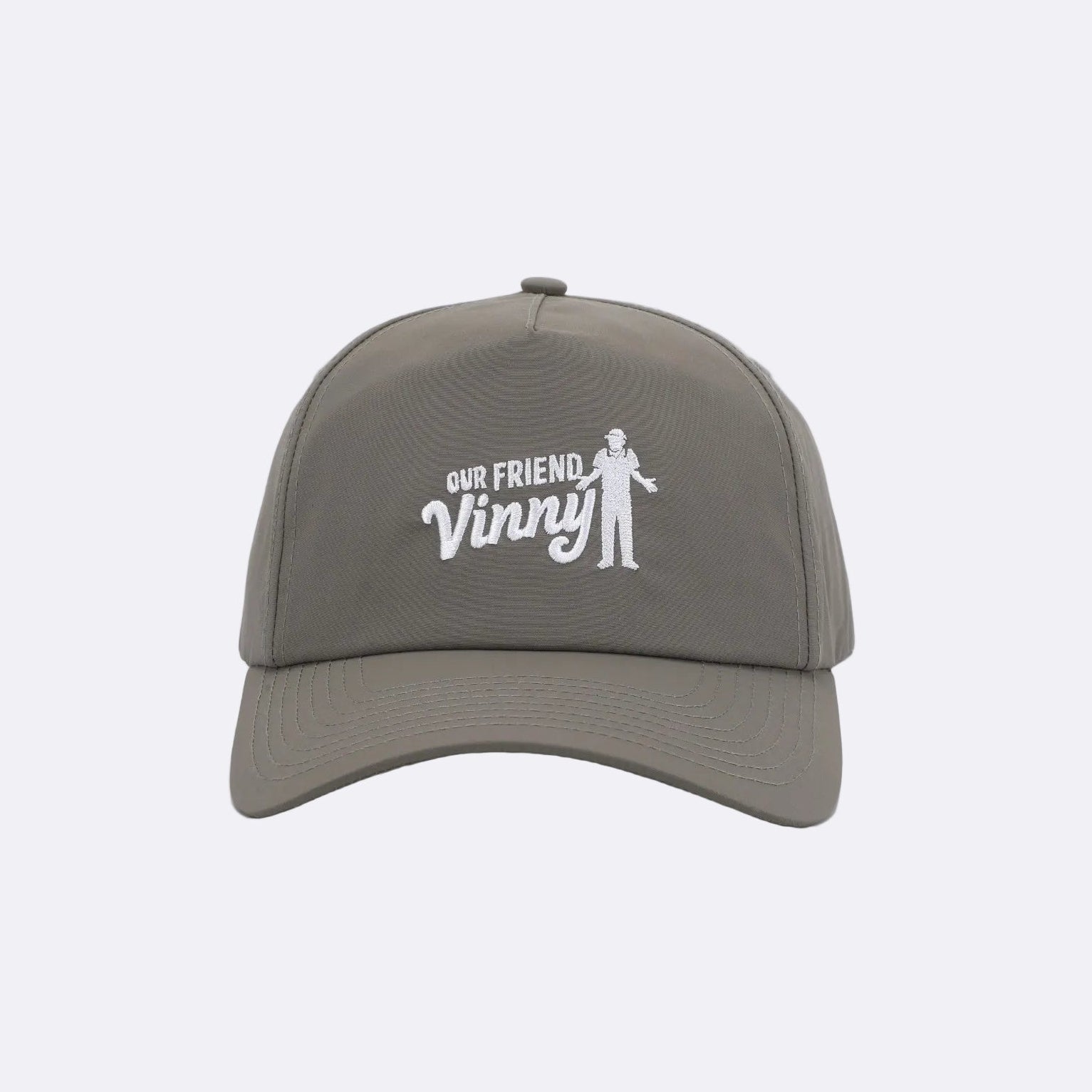Gray cap with 'Our Friend Vinny' logo on a light gray background