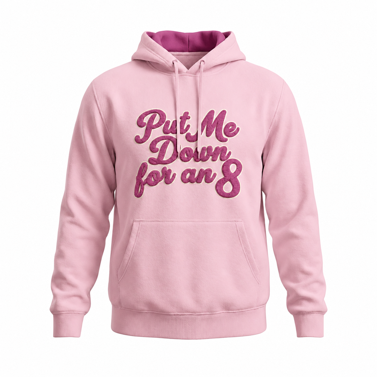 Pink Put Me Down for an 8 golf hoodie with orchid chenille script and orchid hood lining