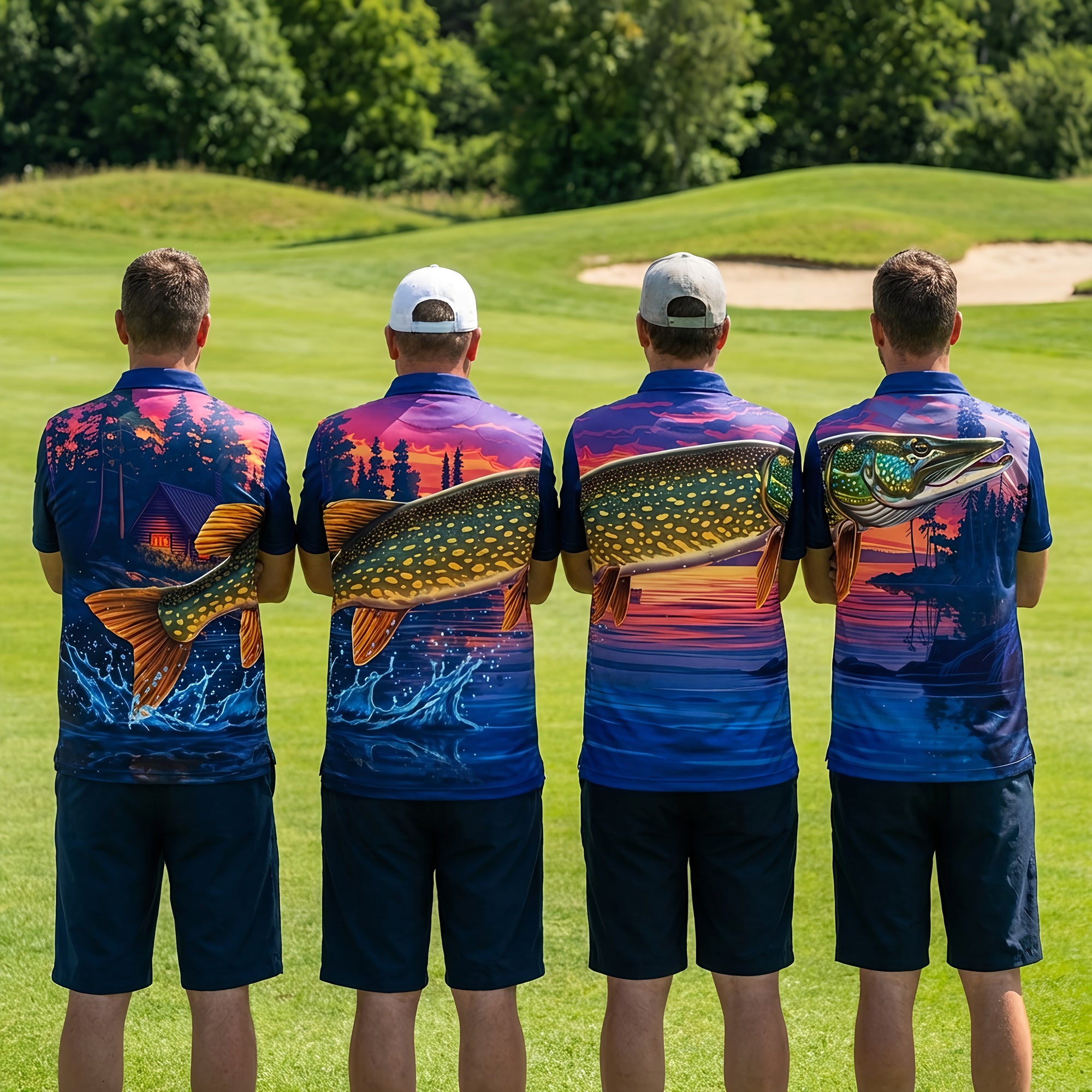 Four men wearing fishing-themed shirts on a golf course