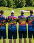 Four men wearing fishing-themed shirts on a golf course