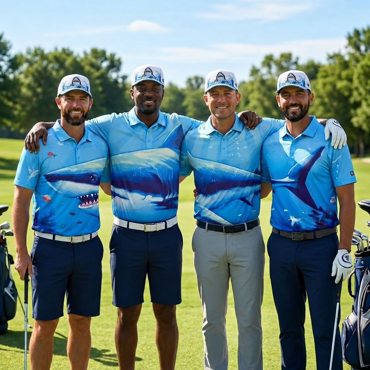Shark Foursome with Hats - Matching Golf Polos &amp; Hats (Set of 4)