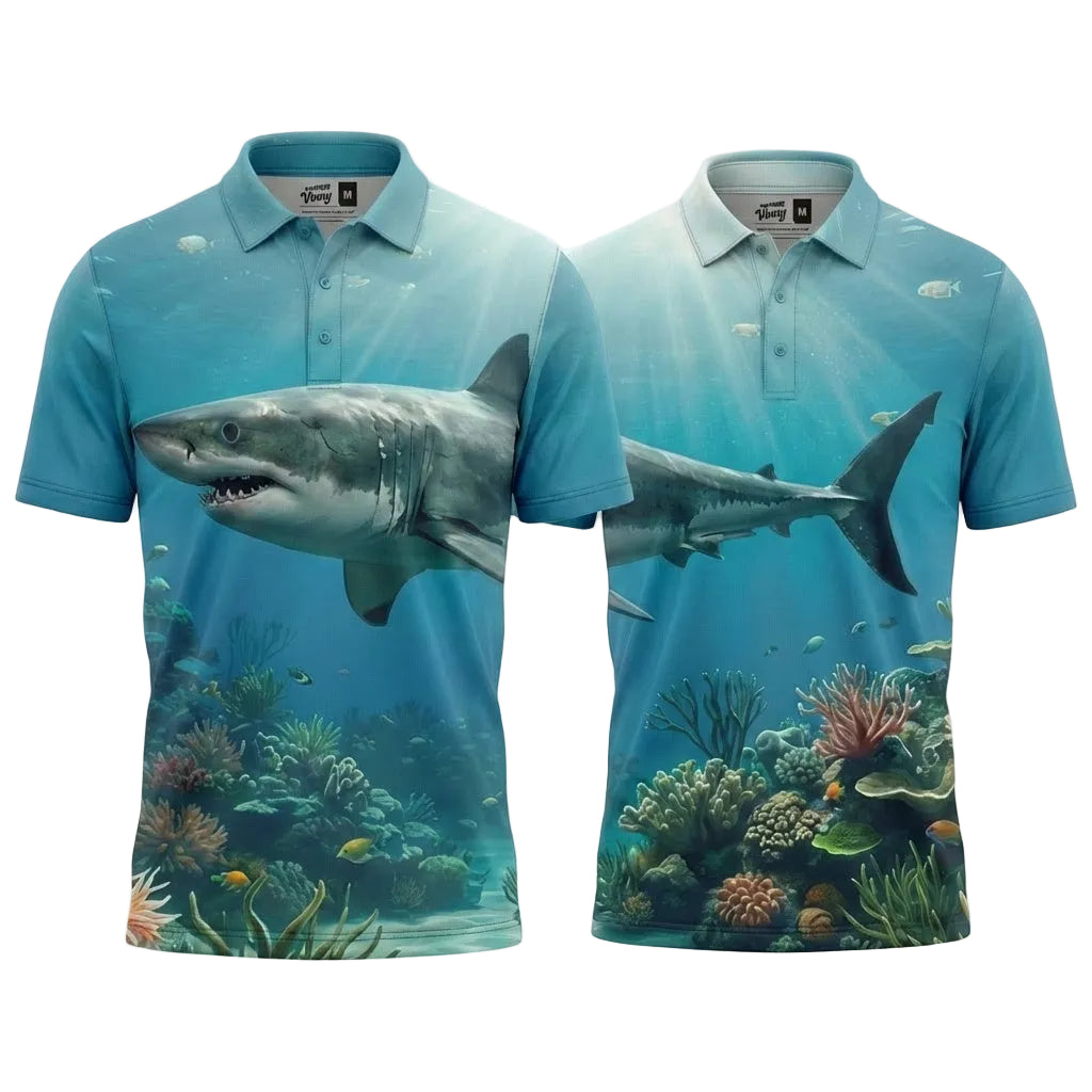 Two polo shirts with shark and underwater scenery designs on a white background