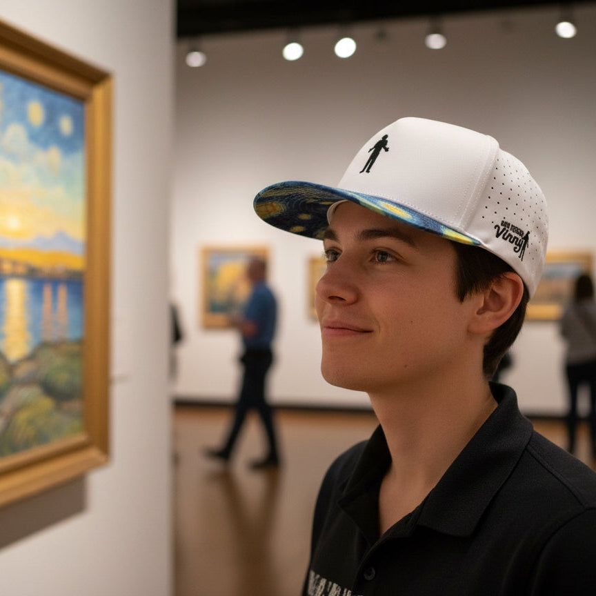 White cap with starry night brim 