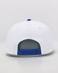 White cap with blue accents on a light gray background