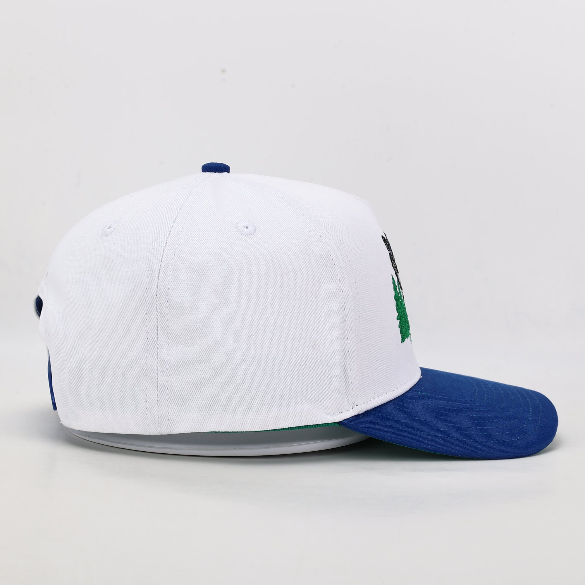 White and blue cap with a logo on a light gray background