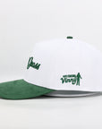 White and green cap with text and logo on a white background
