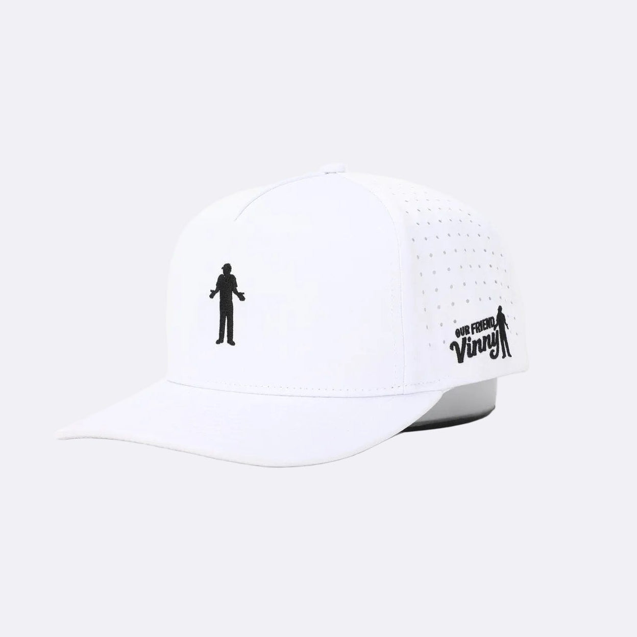 White cap with black logos on a white background