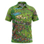 Green polo shirt with detailed print of a park scene on a white background