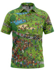 Green polo shirt with detailed print of a park scene on a white background