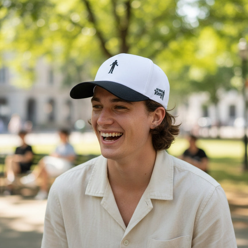 White golf cap with black brim lifestyle 