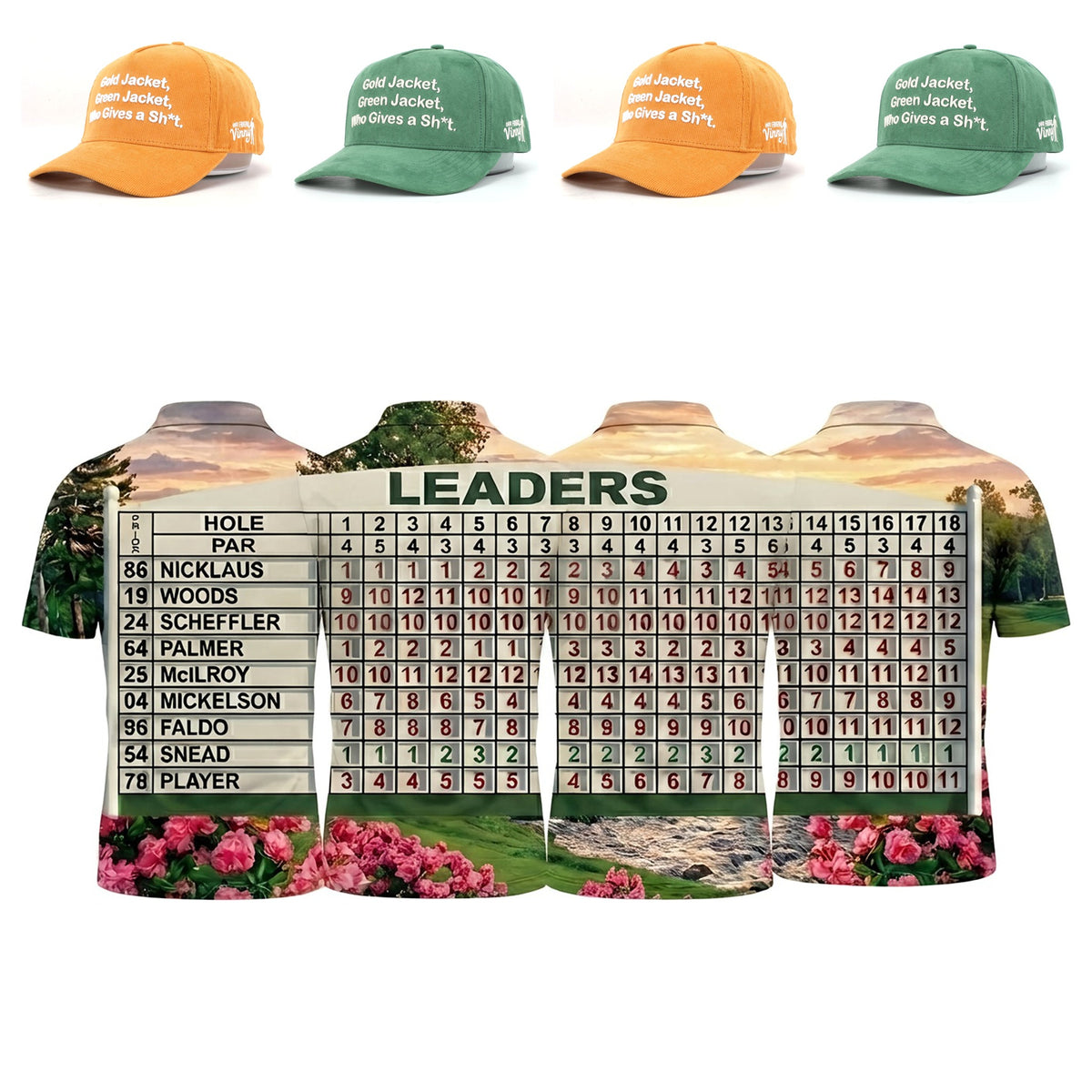 Azalea Foursome matching golf polos with mix-and-match Gold Jacket and Green Jacket hats