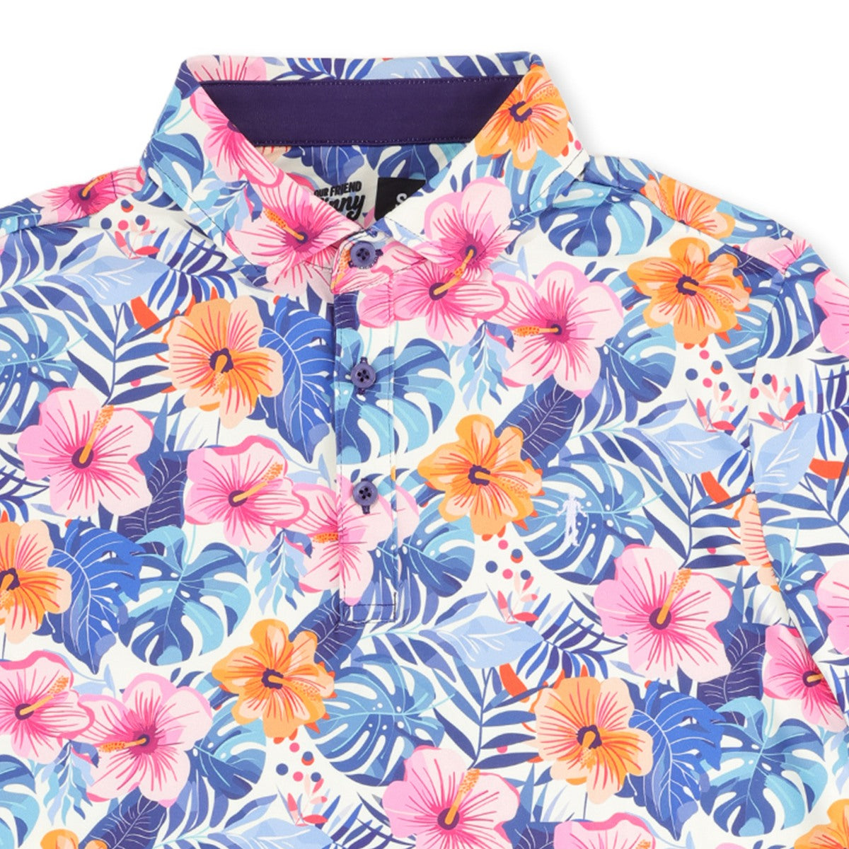 Close-up of the collar and buttons on the Birdies in Bloom golf polo
