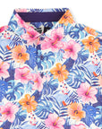 Close-up of the collar and buttons on the Birdies in Bloom golf polo