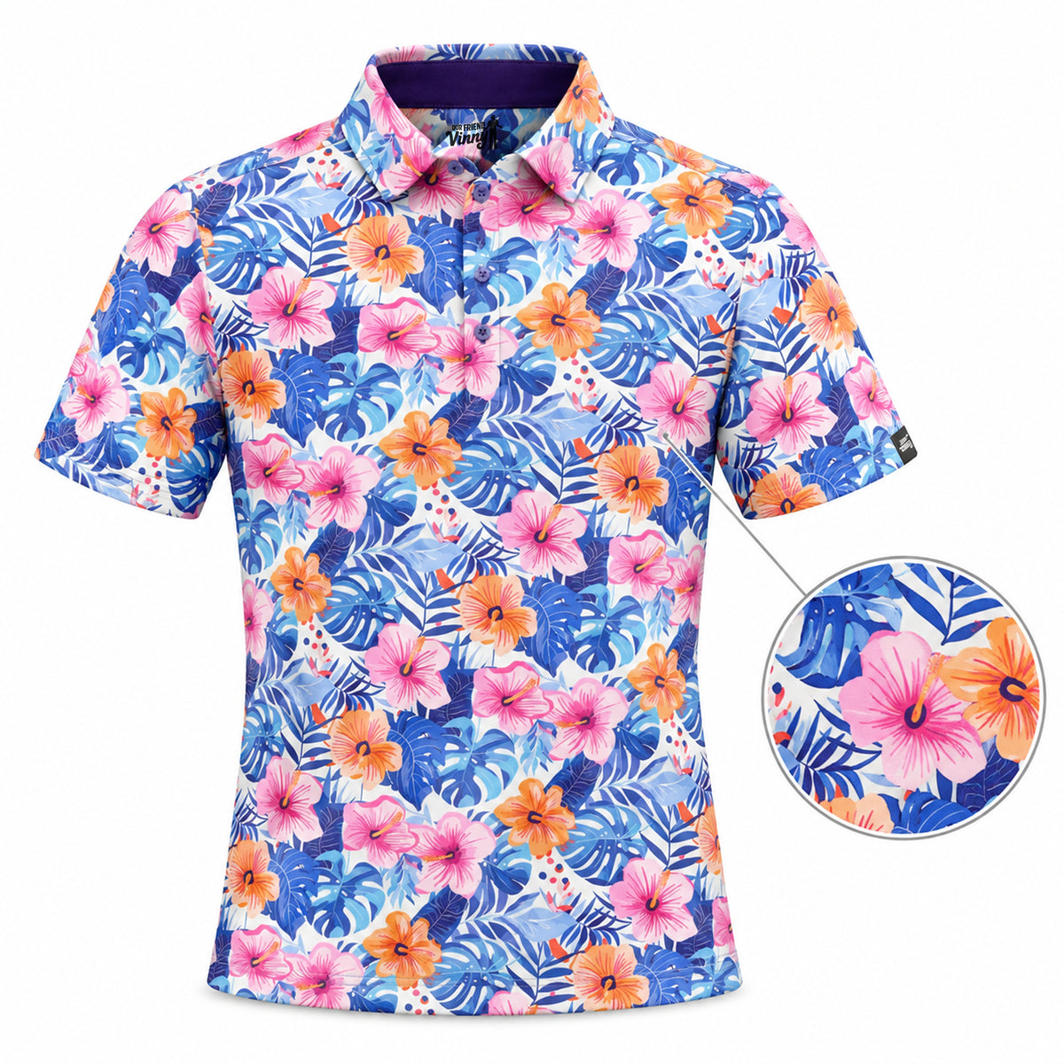 Birdies in Bloom tropical hibiscus floral golf polo - 3D view with fabric detail