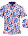Birdies in Bloom tropical hibiscus floral golf polo - 3D view with fabric detail