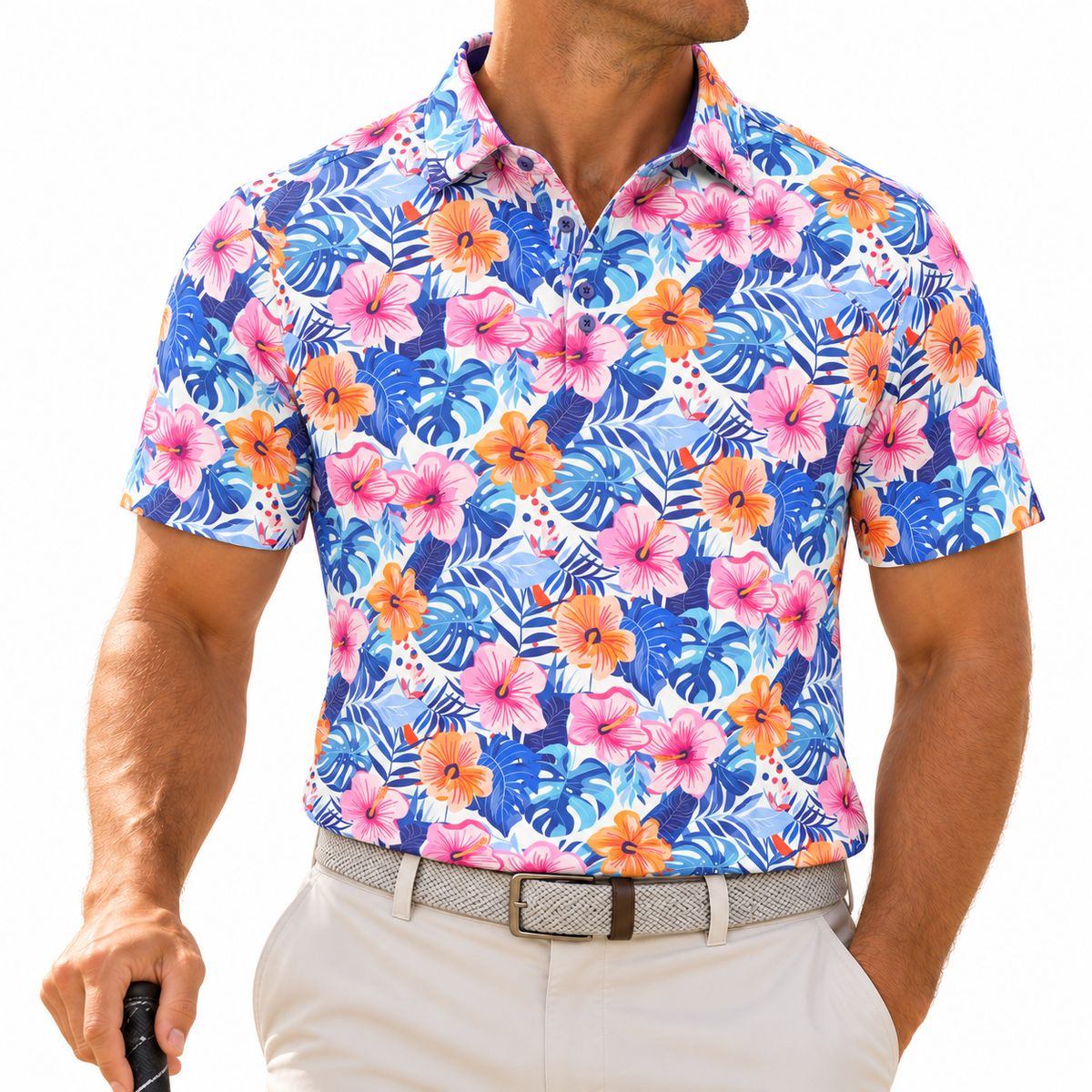 Man wearing the Birdies in Bloom tropical floral golf polo