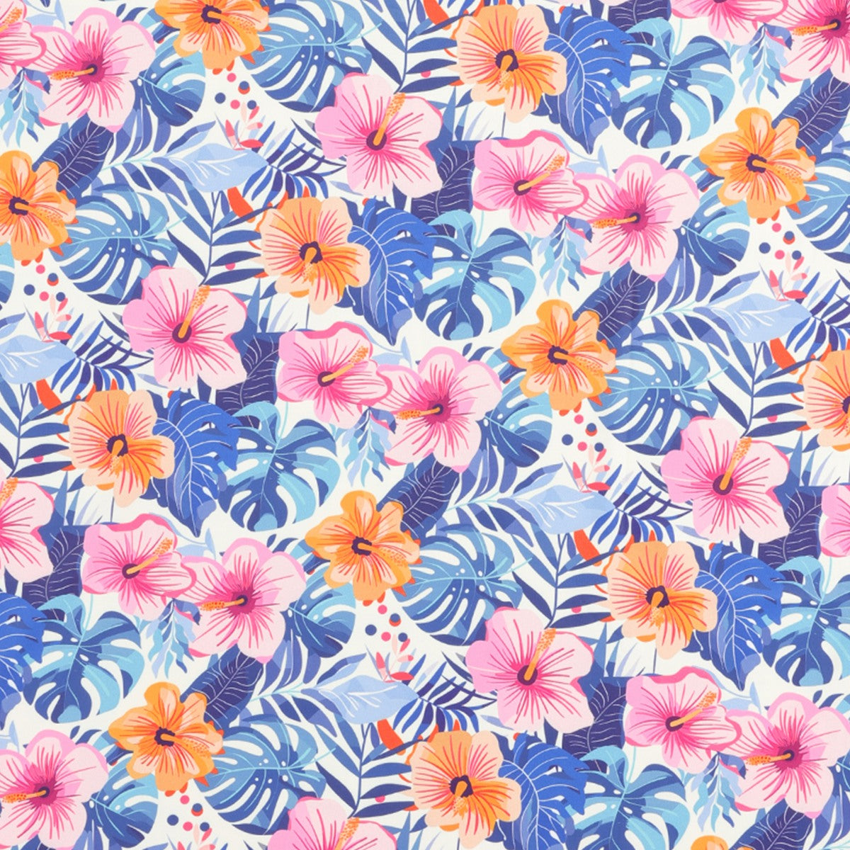 Pattern swatch of the Birdies in Bloom tropical hibiscus print