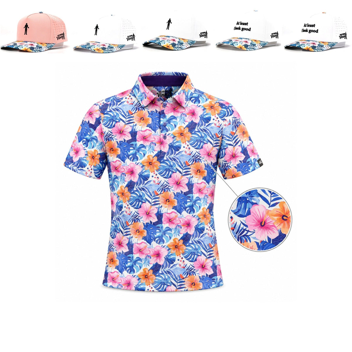 Birdies in Bloom tropical hibiscus golf polo with five matching floral-brim hat options