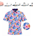 Birdies in Bloom tropical hibiscus golf polo with five matching floral-brim hat options