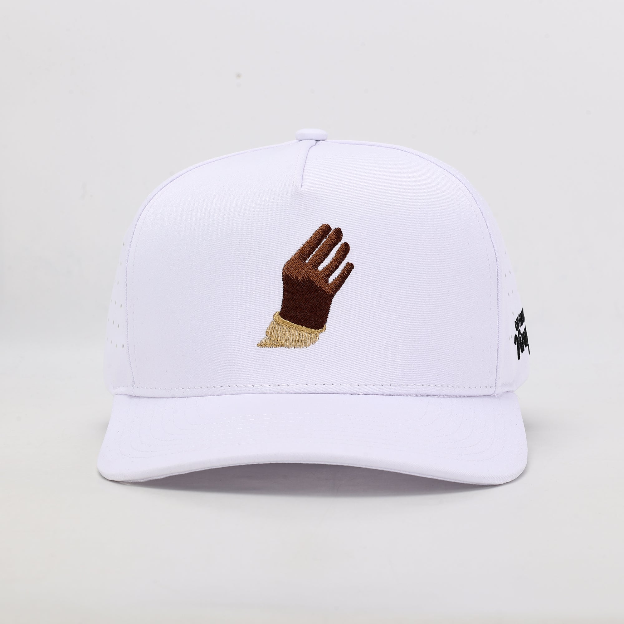 White cap with embroidered brown hand 