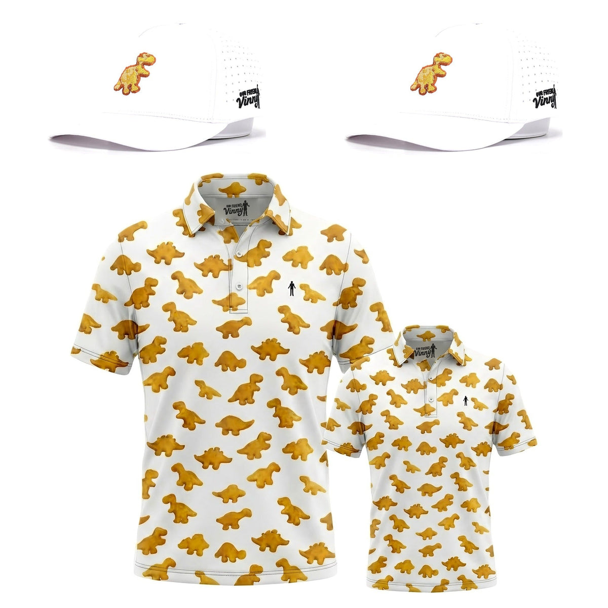 Dino Nugget dad and kid matching golf polos with two Dino Nugget hats