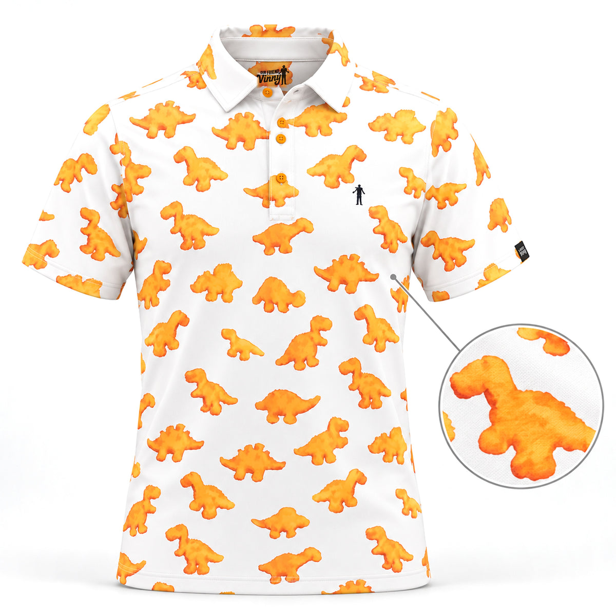 The Dino Nugget golf polo - 3D view with fabric detail