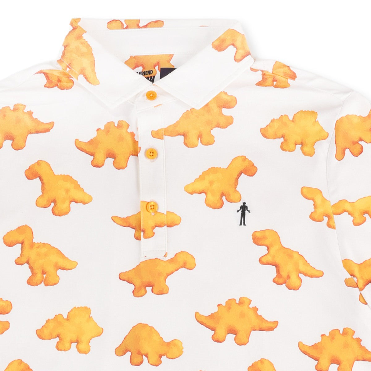 Close-up of the collar and buttons on the Dino Nugget golf polo
