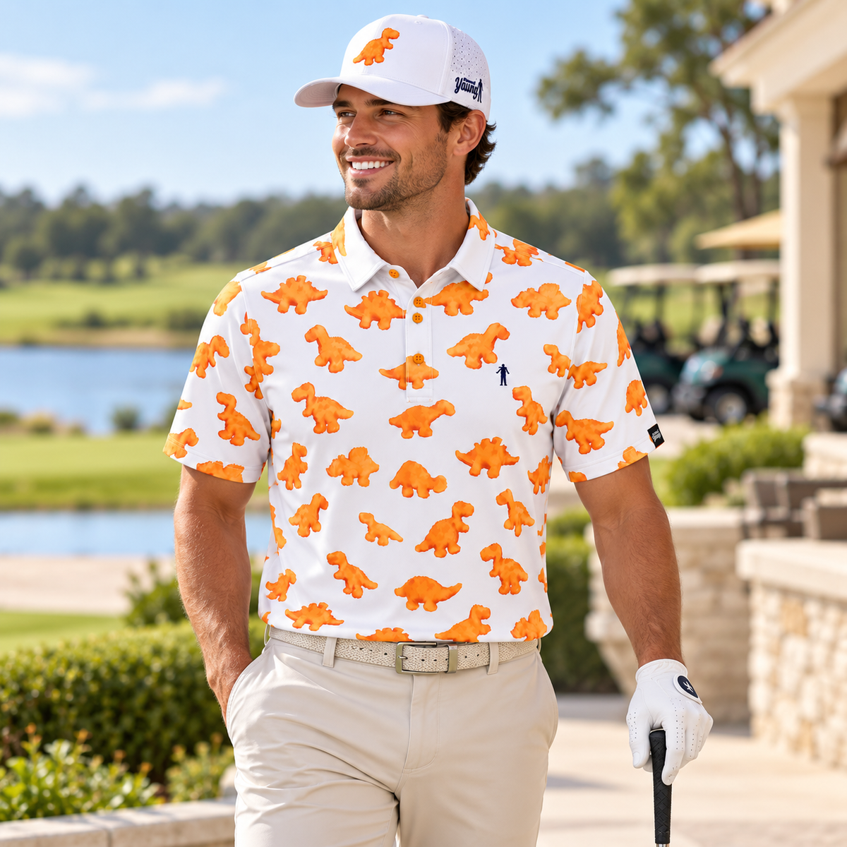 Golfer wearing the Dino Nugget golf polo and Dino Nugget hat