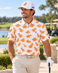 Golfer wearing the Dino Nugget golf polo and Dino Nugget hat